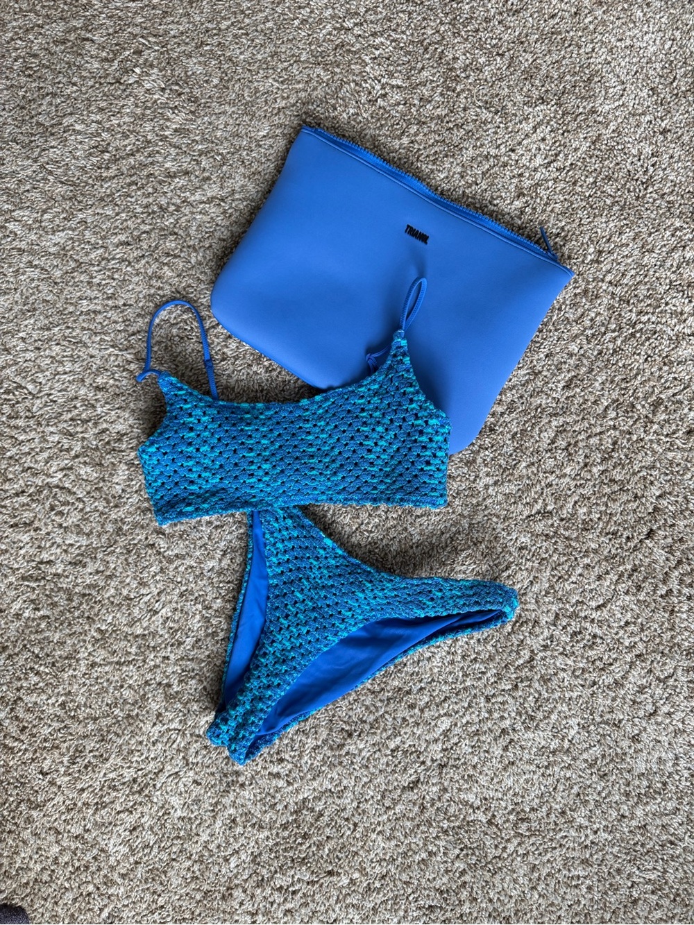 triangl swimwear Blue Crochet Bikini Set with Matching Pouch